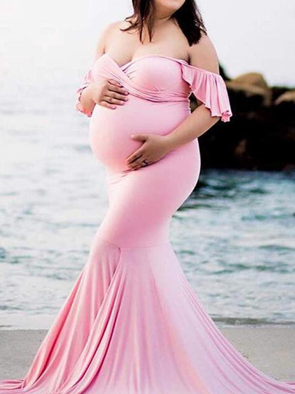 Seindeal Mermaid Babyshower Maternity Ruffle Off Shoulder Draped Maxi Dress for Photography