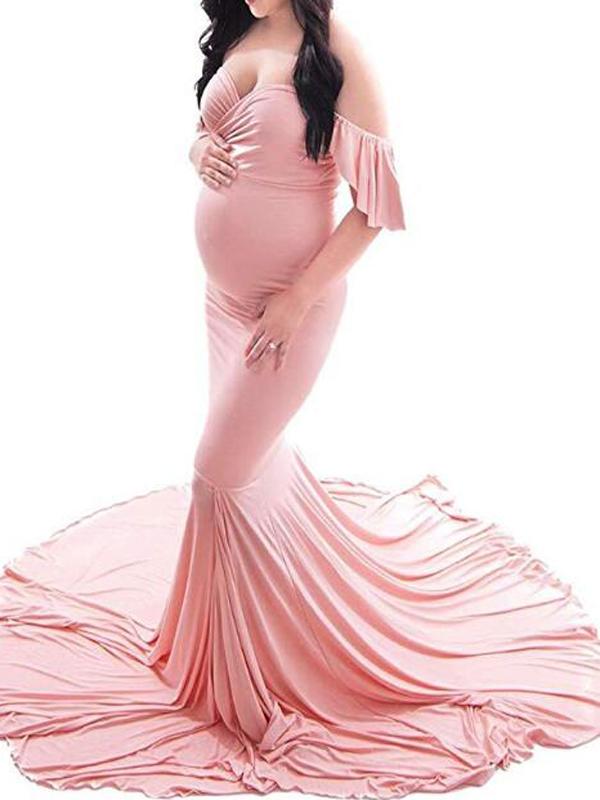 Seindeal Mermaid Babyshower Maternity Ruffle Off Shoulder Draped Maxi Dress for Photography