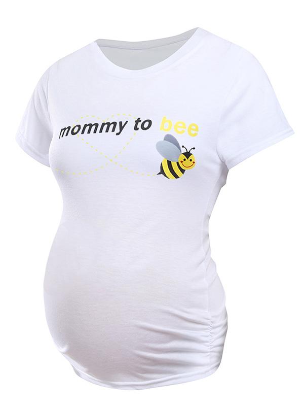 Letter Pattern Round Neck Short Sleeve Maternity White T-Shirt