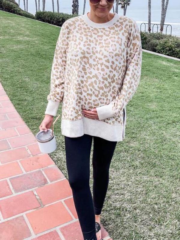 Seindeal Leopard Print Round Neck Casual Maternity T-Shirt