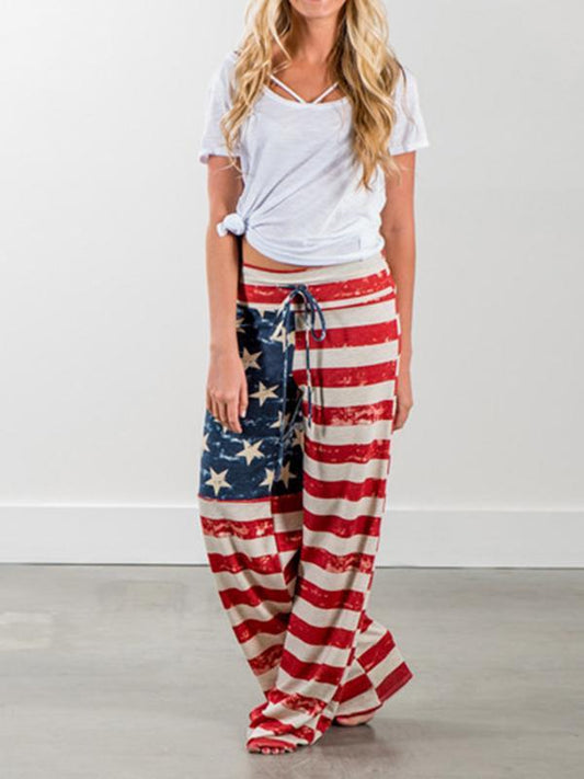 Seindeal American Flag Striped Print Drawstring Long Lounge Pants Pajama