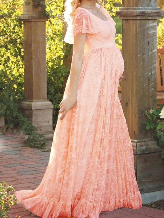 Lace Ruffle Draped For Babyshower Plus Size Maternity Maxi Dress