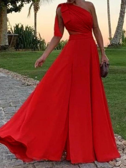 Solid Color Cut Out Slit Sleeveless A-Line Maxi Dress Women Mod Elegant Dress