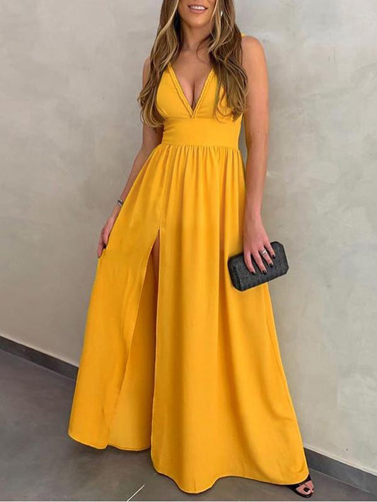 Slit V-Neck Sleeveless Elegant Women Maxi Dresses Evening Dresses Ball Gown