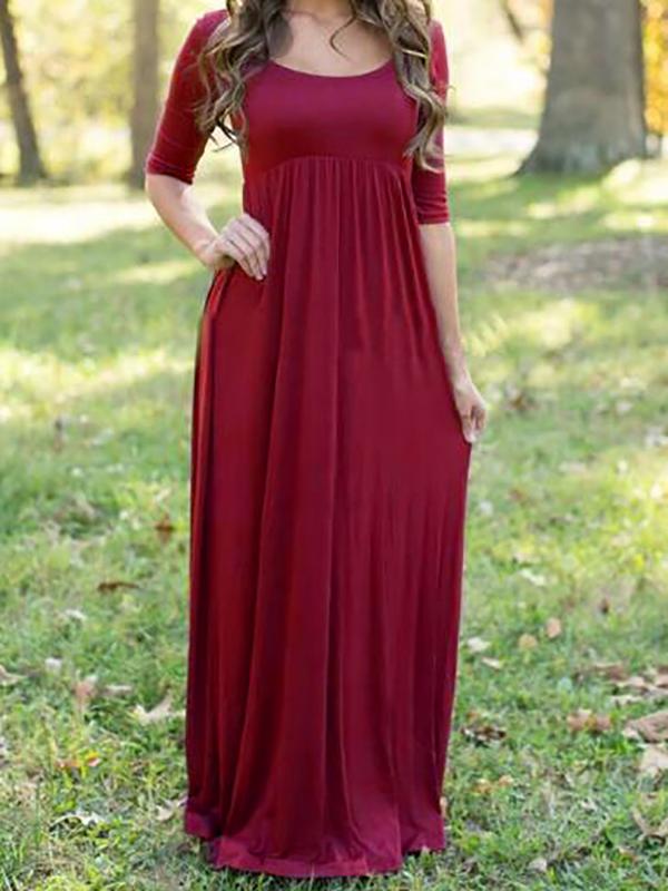 Seindeal Solid Color Round Neck Elbow Sleeve Baby Shower Maternity Maxi Dress