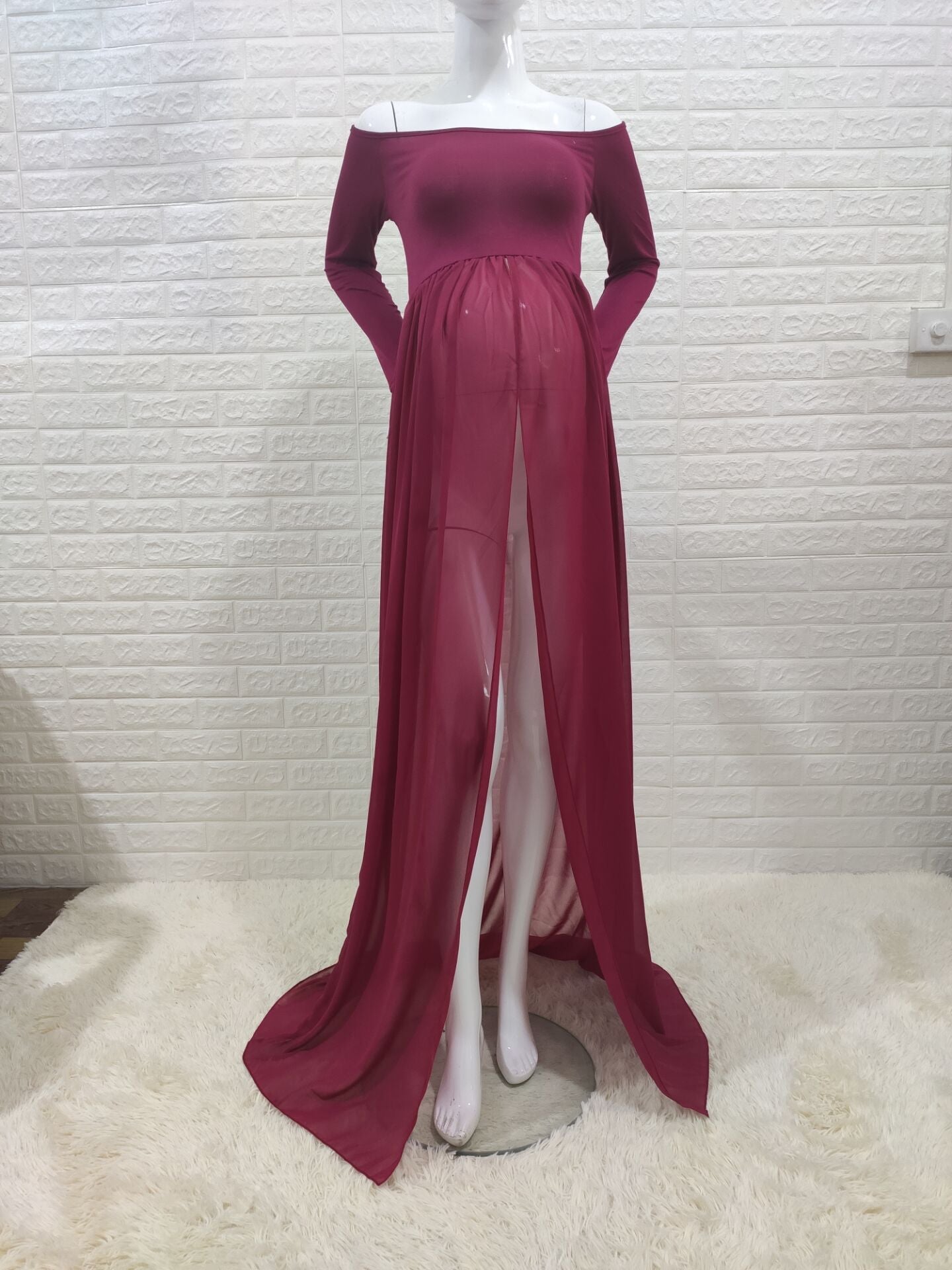 Seindeal Chiffon Draped Off-shoulder Long Sleeve Elegant Maternity Maxi Dress