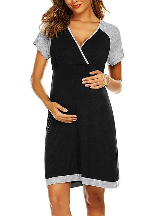 Seindeal Draped V-neck Short Sleeve Maternity Nursing Pajama Mini Dress