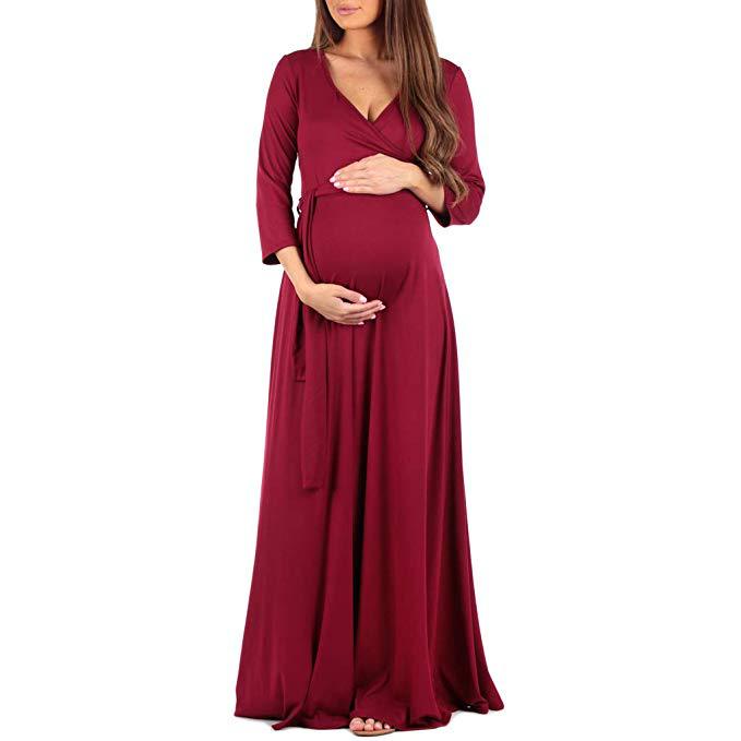 Seindeal Sashes V-neck Maxi Dress Maternity Baby Shower Fall Outfit for Banquet Elegant Party