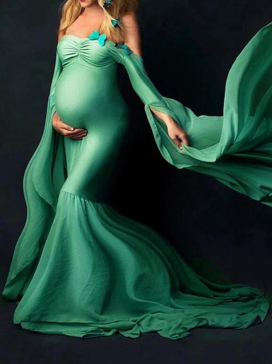 Off Shoulder Mermaid Flare Sleeve Photo Shoot Elegant Maternity Dress