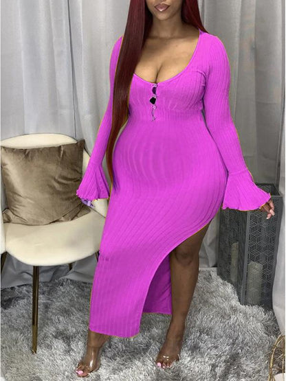 Buttons Bodycon Slit Flare Sleeve Maternity Sweater Fashion Maxi Dress