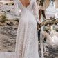 White Lace Backless V Neck Long Sleeve Women Maxi Dresses Wedding Dress Evening Dress Lace Dress