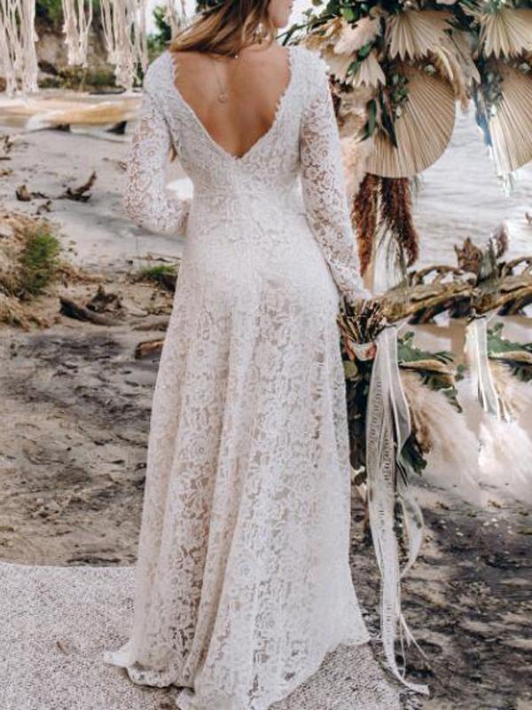 White Lace Backless V Neck Long Sleeve Women Maxi Dresses Wedding Dress Evening Dress Lace Dress