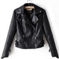 Black Zipper Turn Down Collar Long Sleeve Casual Short Women Leather Jacket
