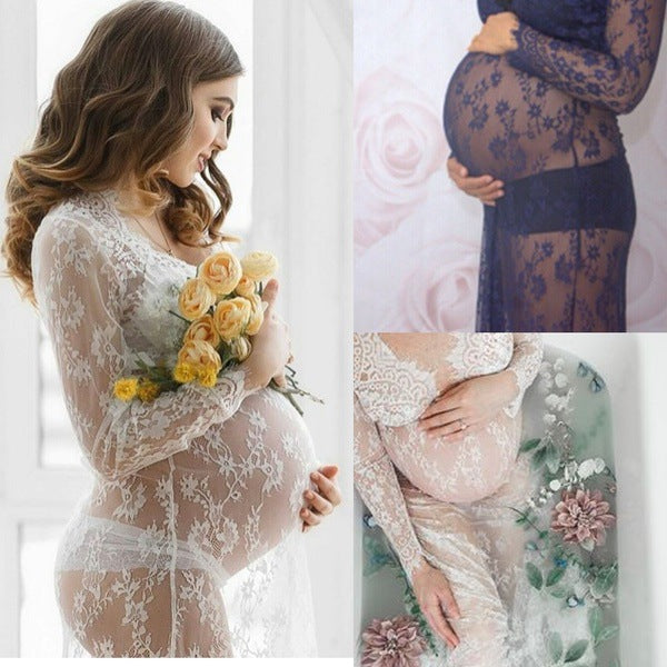 Seindeal Lace Long Sleeve Sheer Cover Up Plus Size Maxi Maternity Photoshoot Dress WhiteHalloween