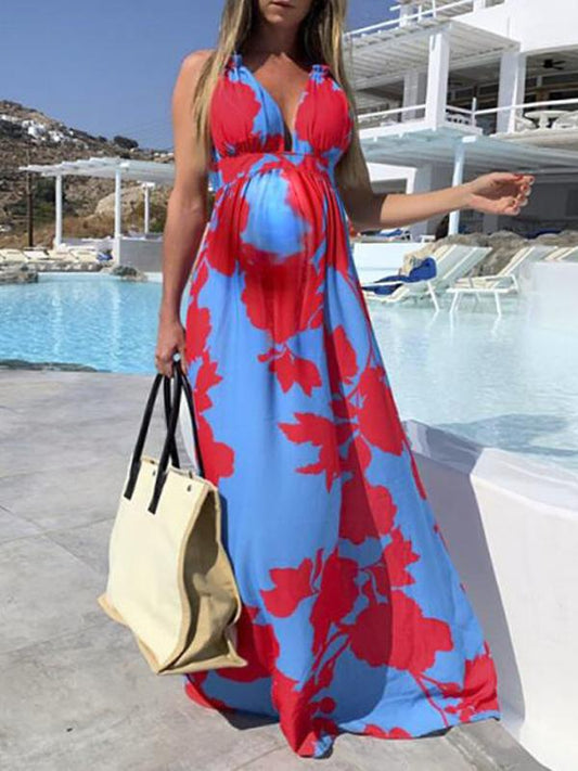 Floral Cross Back Deep V-neck Bohemain Maternity Maxi Dress