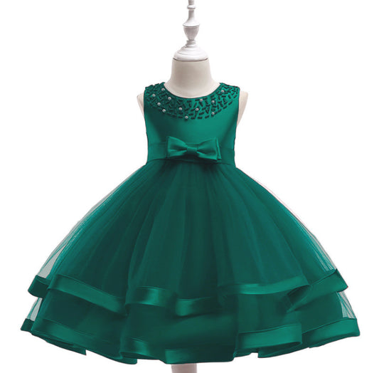 Girls Beading Bow Layered Sleeveless Round Neck Gown Dress Formal