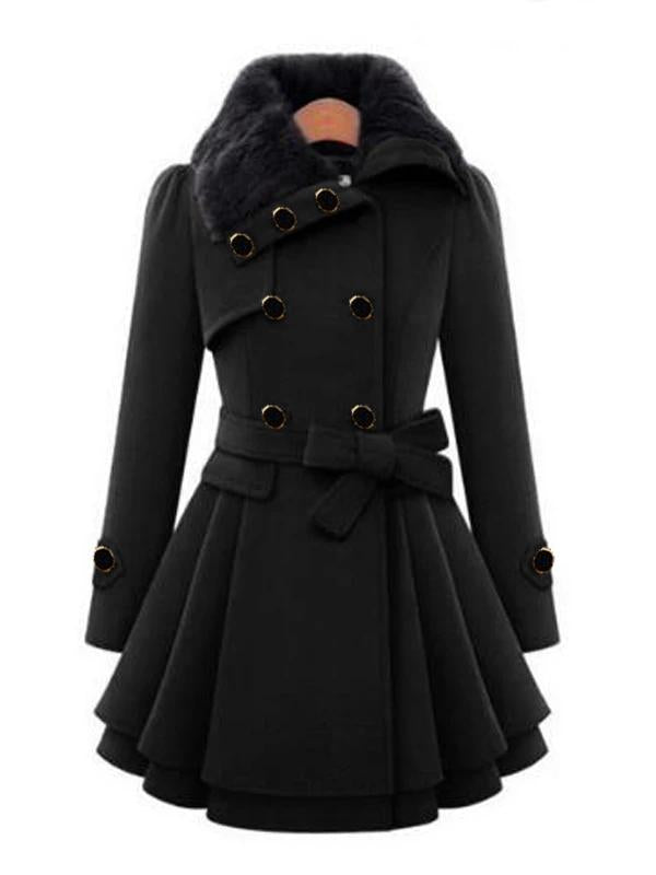 Double Breasted Faux Fur Turndown Collar Peplum Plus Size Wool Coat