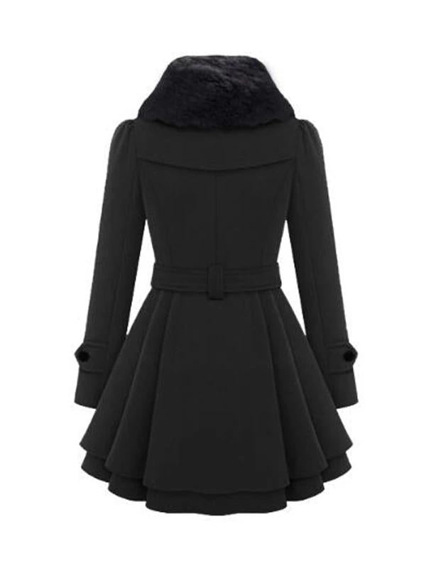 Double Breasted Faux Fur Turndown Collar Peplum Plus Size Wool Coat