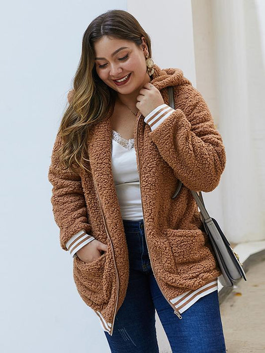 Momnfangcy Fluffy Hoodie Zipper Plus Size Maternity Teddy Coat