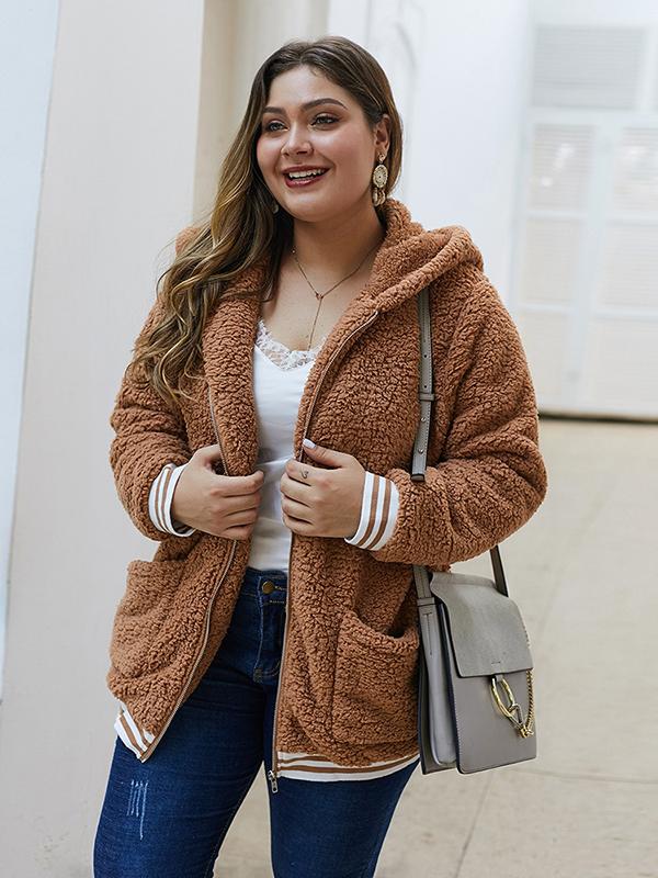 Momnfangcy Fluffy Hoodie Zipper Plus Size Maternity Teddy Coat