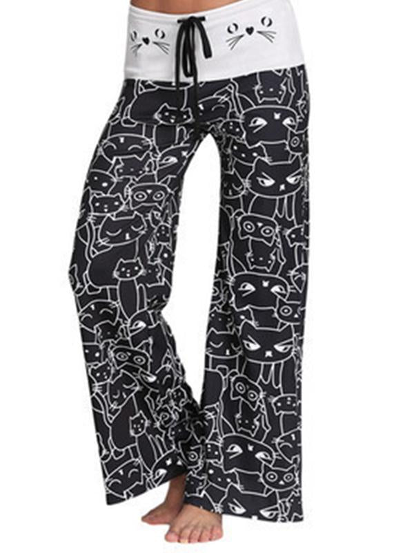 Seindeal Meow Cartoon Cat Print Wide Leg Maternity Pajama Long Lounge Pants