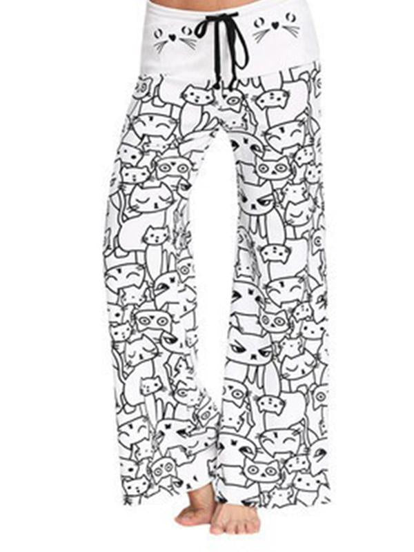 Seindeal Meow Cartoon Cat Print Wide Leg Maternity Pajama Long Lounge Pants