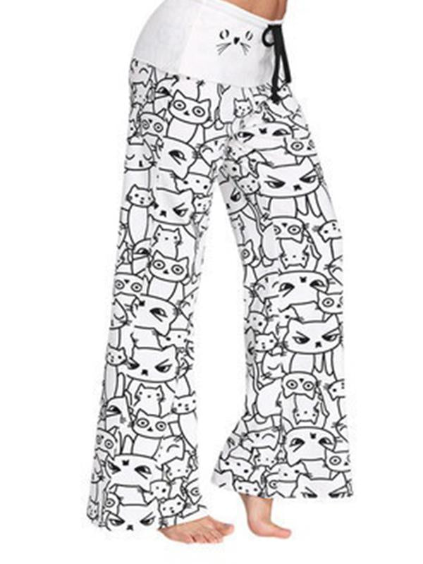 Seindeal Meow Cartoon Cat Print Wide Leg Maternity Pajama Long Lounge Pants