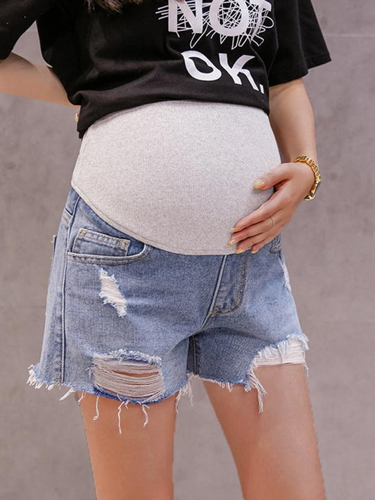 Momnfangcy Pockets Buttons Ripped Destroyed Casual Denim Shorts