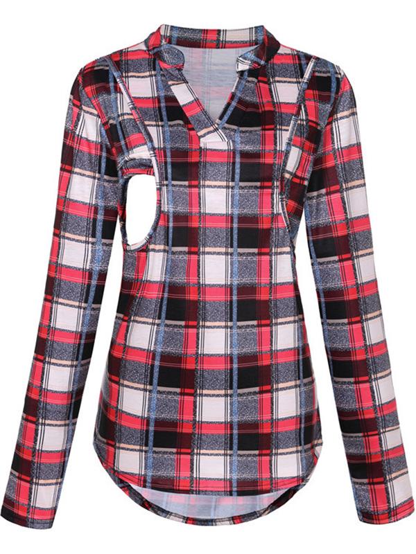 Seindeal Red-Black Plaid Maternity Nuring Blouse for Lactant Women