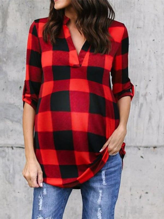 Seindeal Plaid Checkered Grid Print V-neck Long Sleeve Plus Size Maternity Blouse