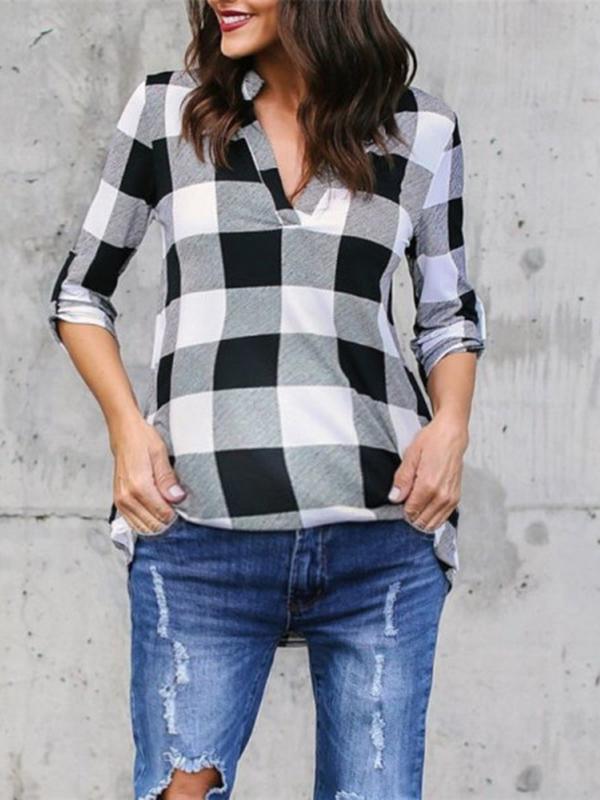 Seindeal Plaid Checkered Grid Print V-neck Long Sleeve Plus Size Maternity Blouse