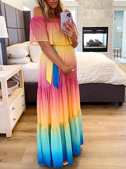 Seindeal Plus Size Rainbow Maxi Maternity Dress Belt Photoshot Off Shoulder Short Sleeve