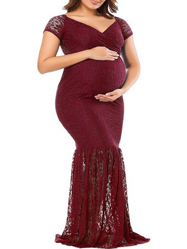 Seindeal Lace Draped Off Shoulder Short Sleeve Maternity Photoshoot Maxi Dress