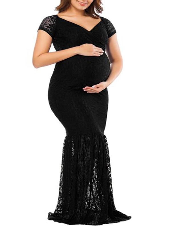 Seindeal Lace Draped Off Shoulder Short Sleeve Maternity Photoshoot Maxi Dress