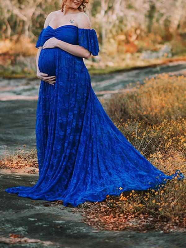 Seindeal Off Shoulder Lace for Baby Shower Maternity Maxi Dress