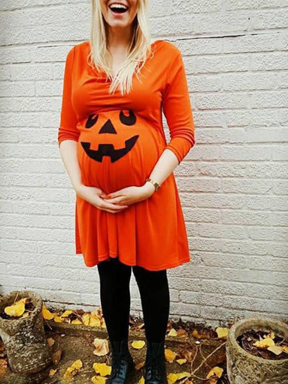 Seindeal Skull Print Pumpkin Long Sleeve Halloween Midi Plus Size Maternity Dress Costume for Pregnant Moms