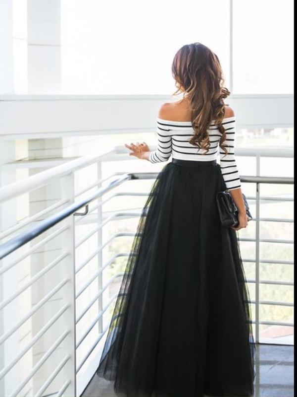 Seindeal Striped Print Off Shoulder Grenadin Tulle Tutu Maternity Maxi Dress