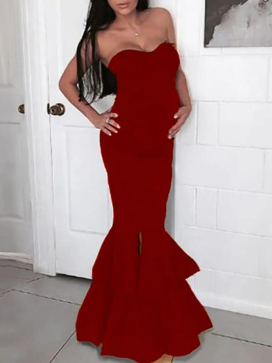 Seindeal Bandeau Ruffle Bodycon Mermaid Slit Maxi Maternity Baby Shower Dress