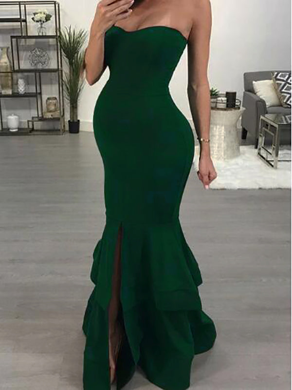 Seindeal Bandeau Ruffle Bodycon Mermaid Slit Maxi Maternity Baby Shower Dress