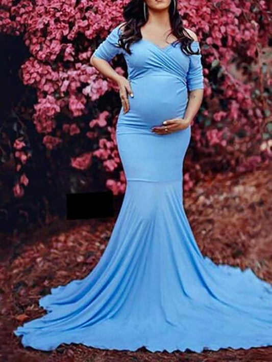 Seindeal Solid Color Off Shoulder Bodycon Baby Shower Dresses Maxi Mermaid Maternity Dress for Photoshoot