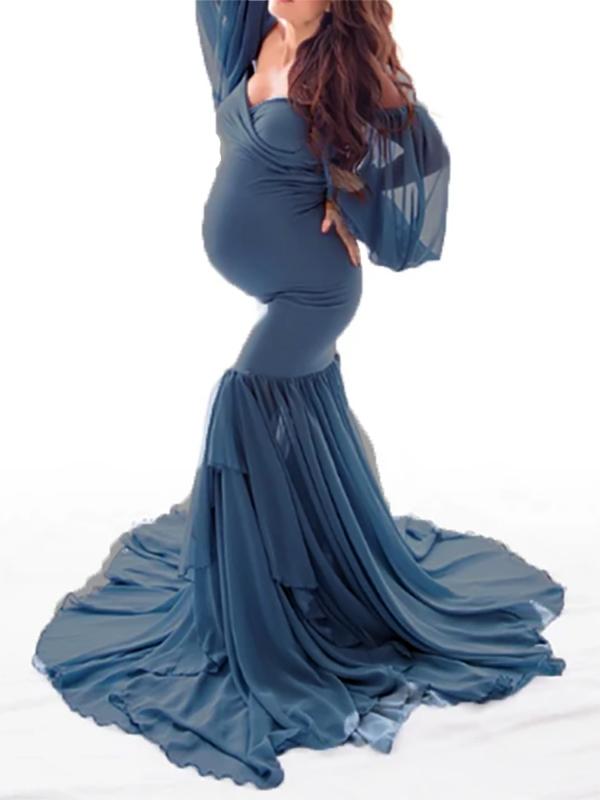 Seindeal Maxi Off Shoulder Mermaid Baby Shower Chiffon Maternity Bodycon Dress for Photoshoot