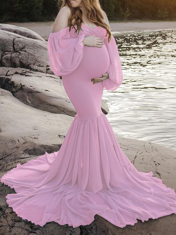 Seindeal Maxi Off Shoulder Mermaid Baby Shower Chiffon Maternity Bodycon Dress for Photoshoot