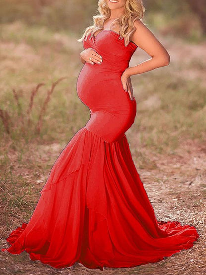 Seindeal Bandeau Mermaid Bodycon Maxi Photoshoot Gown Maternity Dress for Baby Shower Pink