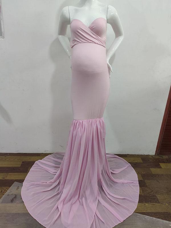 Seindeal Bandeau Mermaid Bodycon Maxi Photoshoot Gown Maternity Dress for Baby Shower Pink