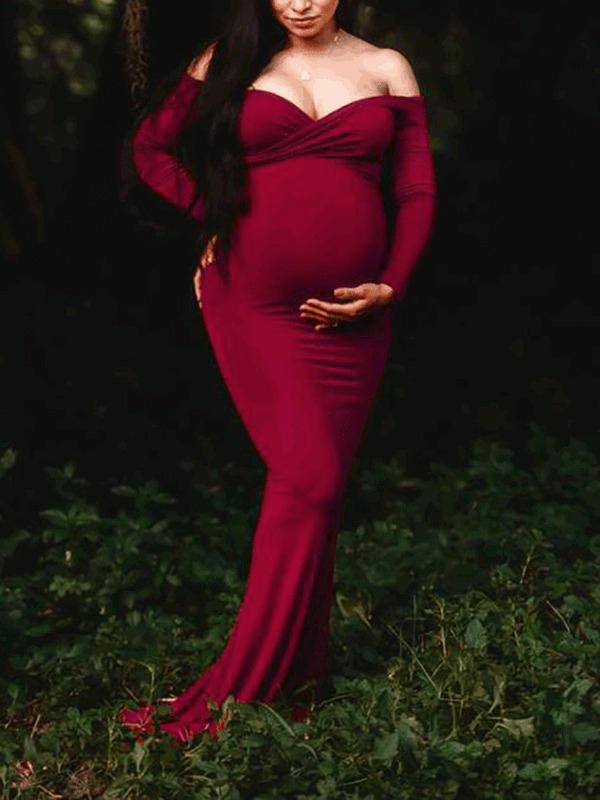 Seindeal Off Shoulder Long Sleeve Red Maternity for Babyshower Maxi Dress