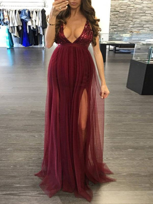 Sequin Cross Back Grenadine Slit Maternity For Babyshower Maxi Dress