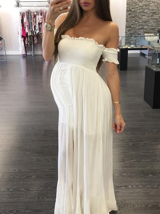 Ruffle Off Shoulder Short Sleeve Maternity Banquet Maxi Dress