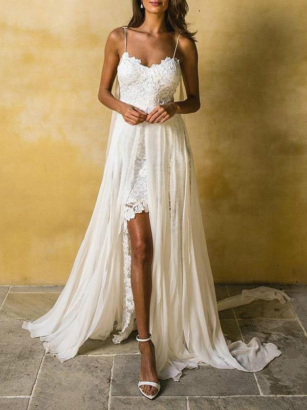 White Lace Backless Slit V-Neck Spaghetti Straps Women Maxi Dresses Lace Dress Wedding Dress