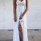 White Lace Backless Slit V-Neck Spaghetti Straps Women Maxi Dresses Lace Dress Wedding Dress