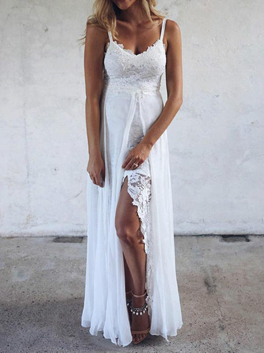 White Lace Backless Slit V-Neck Spaghetti Straps Women Maxi Dresses Lace Dress Wedding Dress